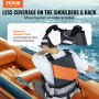 VEVOR life vest with less coverage, featuring neoprene shoulder pads for comfort; man paddling an inflatable kayak.