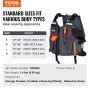 VEVOR life vest size chart and product details, featuring storage pockets, reflective strips, and whistle.