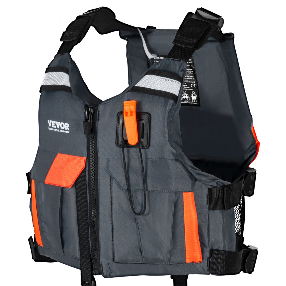 gray VEVOR watersports life vest with neon orange accents, black straps, and a front zipper.