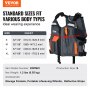 VEVOR watersports life vest, sizes s to xl, fits various chest sizes, with storage pockets and whistle.