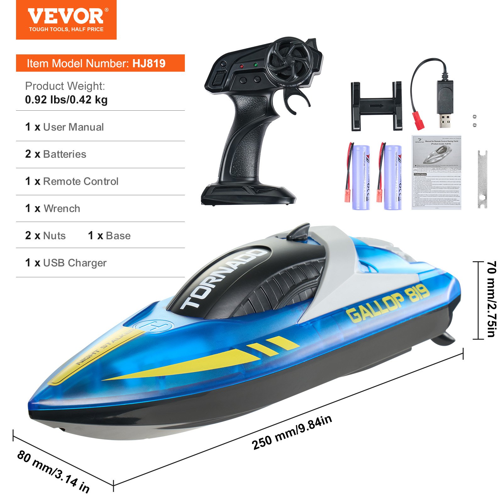 VEVOR RC Boat, 2.4GHz 12 km/h, Remote Control Boat for Pools & Lakes, Racing Boat with LED Light, 2 Rechargeable Batteries, Whole Body Waterproof, Water Play Toy Gift for Adults Boys & Girls, Blue