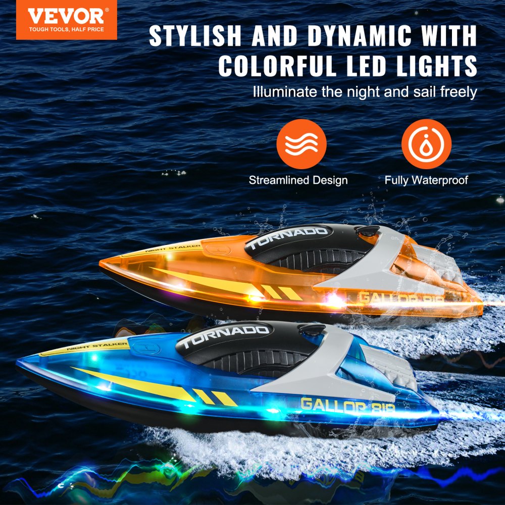 VEVOR RC Boat, 2 Pack 2.4GHz 12 km/h, Remote Control Boat for Pools & Lakes, Racing Boat with LED Light, 4 Rechargeable Batteries, Whole Body Waterproof, Gift for Adults Boys & Girls, Blue & Orange