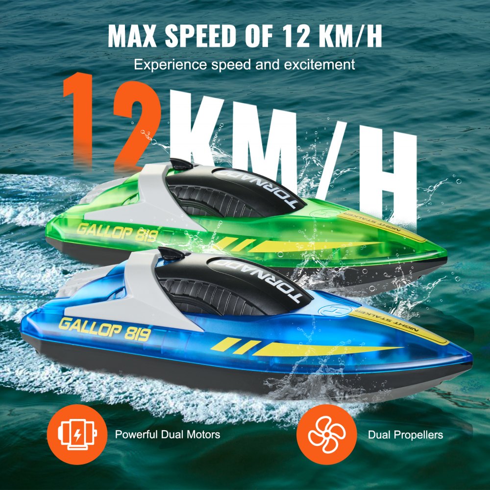 VEVOR RC-boot, 2-pack 2,4 GHz 12 km/u afstandsbedieningsboot voor zwembaden en meren, raceboot met ledverlichting, 4 oplaadbare batterijen, volledig waterdicht, cadeau voor volwassenen, jongens en meisjes, blauw en groen