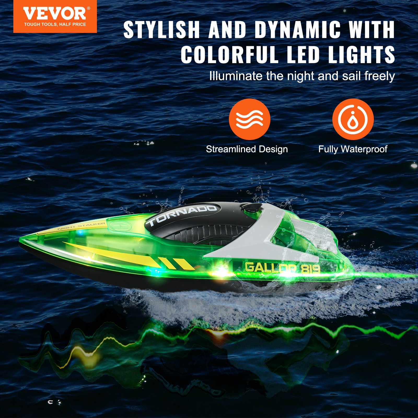 VEVOR RC Boat, 2.4GHz 12 km/h, Remote Control Boat for Pools & Lakes, Racing Boat with LED Light, 2 Rechargeable Batteries, Whole Body Waterproof, Water Play Toy Gift for Adults Boys & Girls, Green