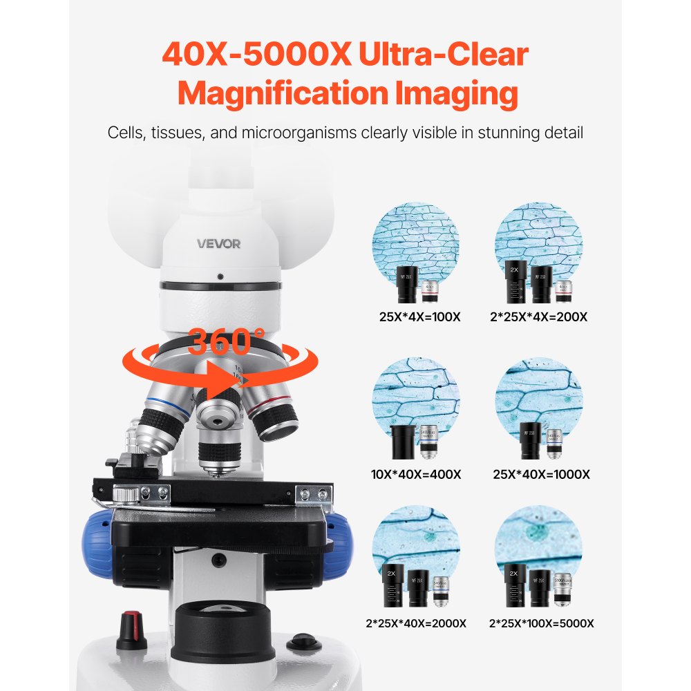VEVOR Trinocular Microscope for Adult, Professional Compound Microscope Kit with 40-5000X Magnification, Aluminum Alloy Body, Includes LED Light and Phone Holder, for Lab, School, Home, Education