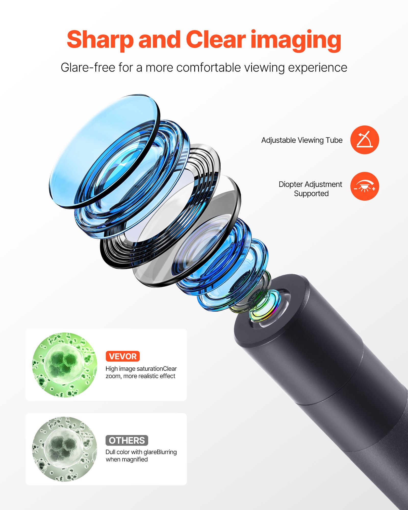VEVOR Trinoculaire microscoop voor volwassenen, professionele samengestelde microscoopset met 40x-5000x vergroting, behuizing van aluminiumlegering, inclusief ledlamp en telefoonhouder