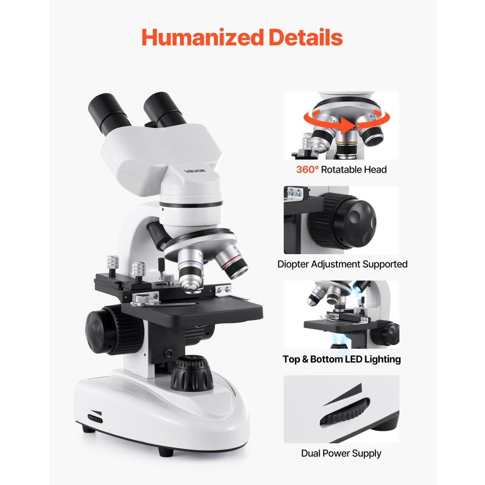 VEVOR Binocular Microscope for Adult, Professional Compound Microscope Kit with 40-2000X Magnification, Aluminum Alloy Body, Includes LED Light and Phone Holder, for Lab, School, Home, Education