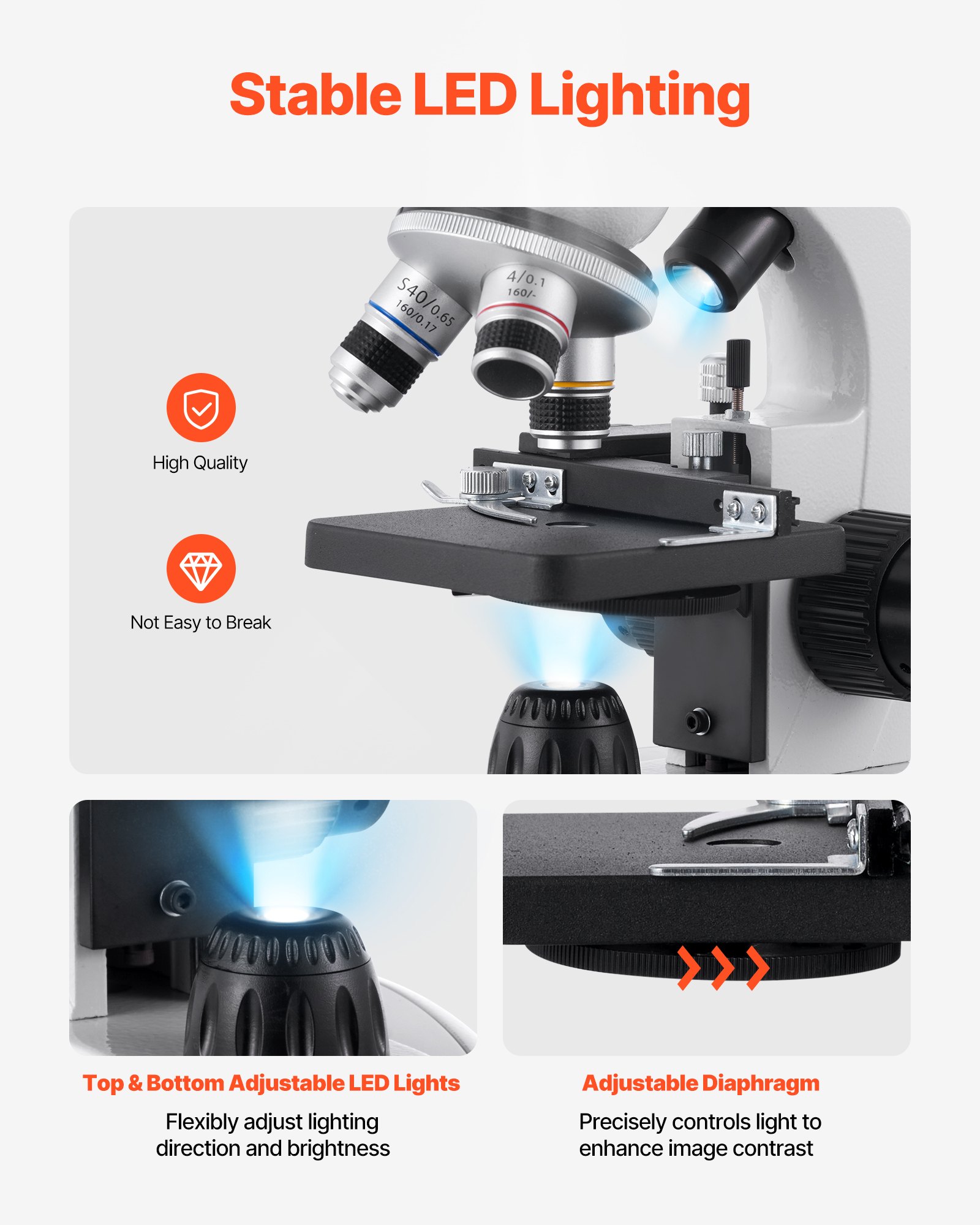 VEVOR Binocular Microscope for Adult, Professional Compound Microscope Kit with 40-2000X Magnification, Aluminum Alloy Body, Includes LED Light and Phone Holder, for Lab, School, Home, Education