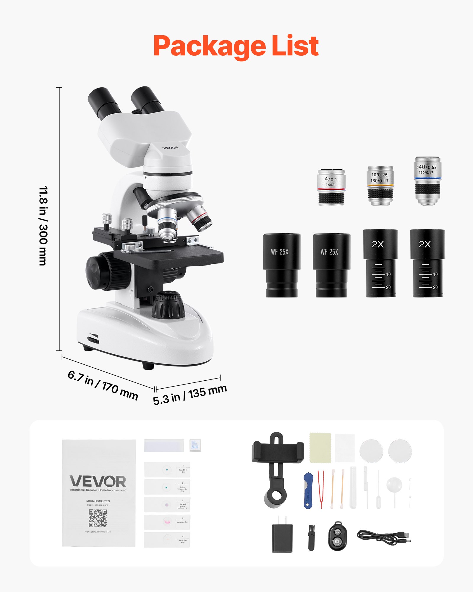 VEVOR Binocular Microscope for Adult, Professional Compound Microscope Kit with 40-2000X Magnification, Aluminum Alloy Body, Includes LED Light and Phone Holder, for Lab, School, Home, Education