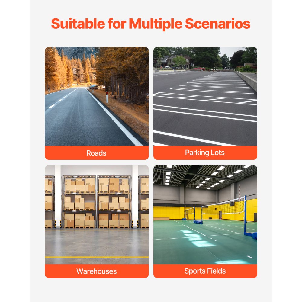 VEVOR 610 x 330 x 900 mm 4-wielige heavy-duty markeermachine met 56-102 mm verstelbare breedte, creëert duidelijke randlijnen voor wegen, parkeerterreinen, sportvelden, geel