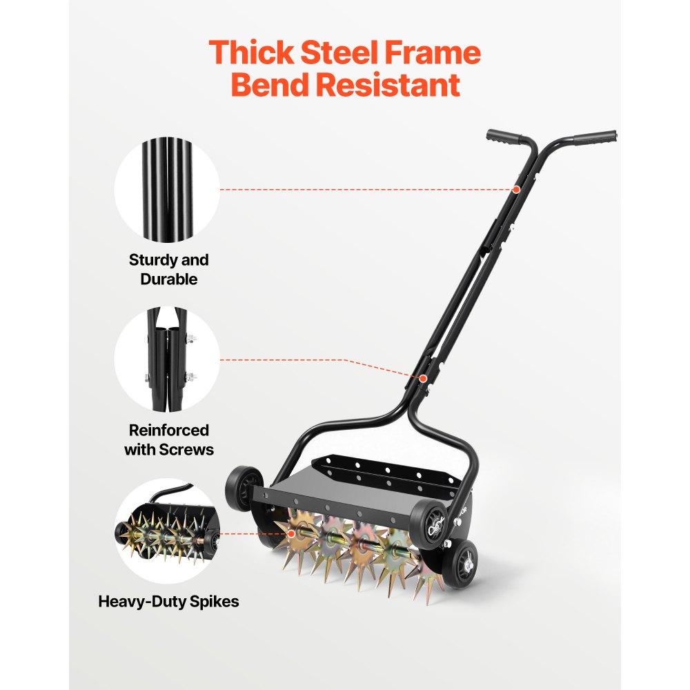 VEVOR Handmatige gazonbeluchterrol 45 cm, gazonbeluchter met een werkdiepte van 5 cm en 4 rollen, 18 kg zware stalen gazonbeluchter, gazonrol voor verdichte grond, gazononderhoud, tuin, zwart