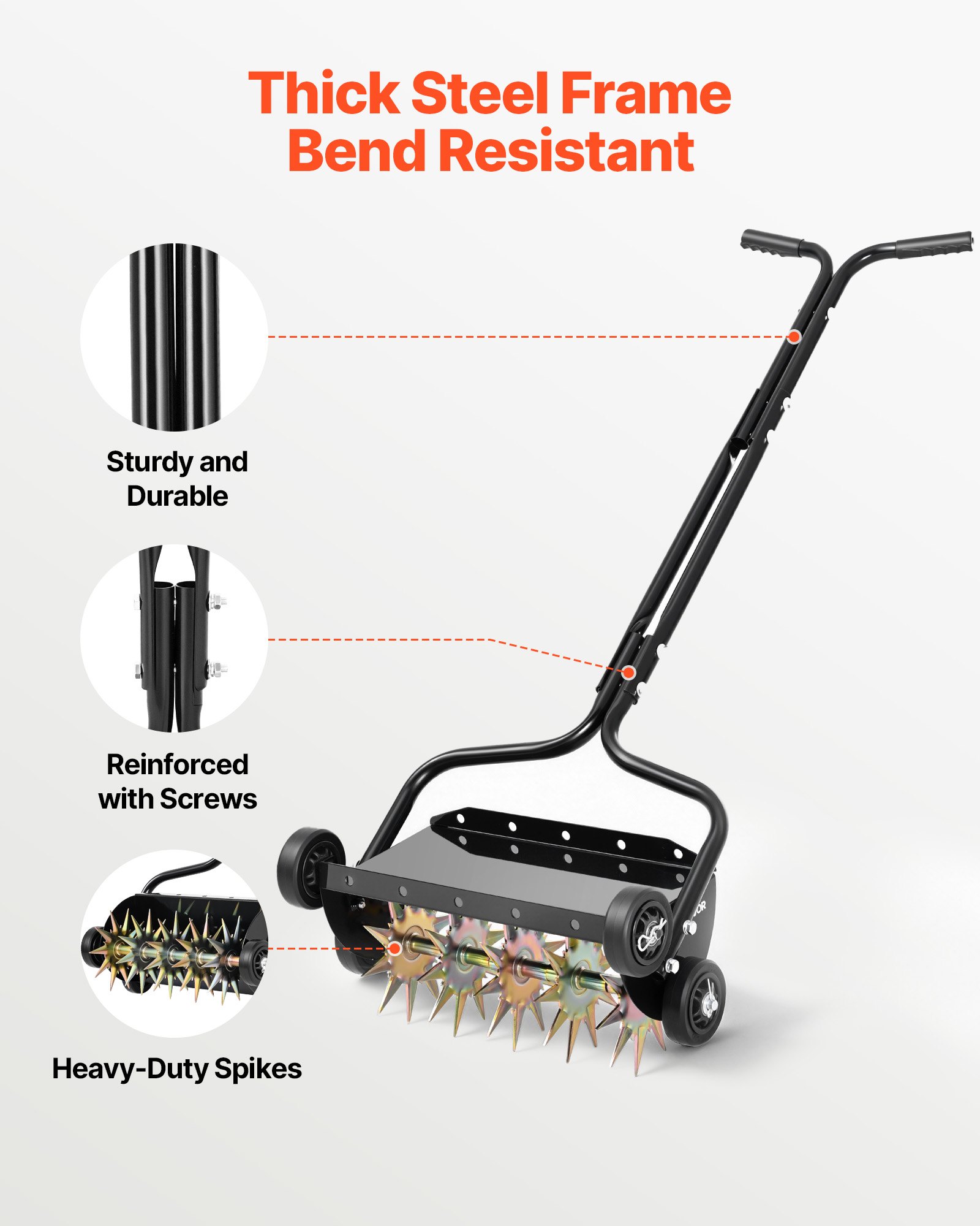 VEVOR Handmatige gazonbeluchterrol 45 cm, gazonbeluchter met een werkdiepte van 5 cm en 4 rollen, 18 kg zware stalen gazonbeluchter, gazonrol voor verdichte grond, gazononderhoud, tuin, zwart