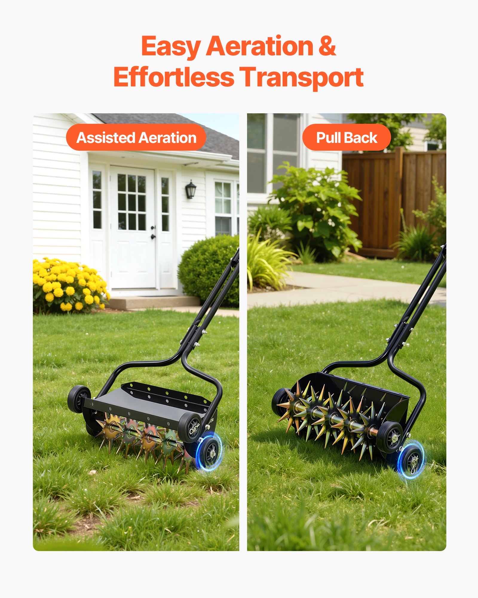 VEVOR Handmatige gazonbeluchterrol 45 cm, gazonbeluchter met een werkdiepte van 5 cm en 4 rollen, 18 kg zware stalen gazonbeluchter, gazonrol voor verdichte grond, gazononderhoud, tuin, zwart