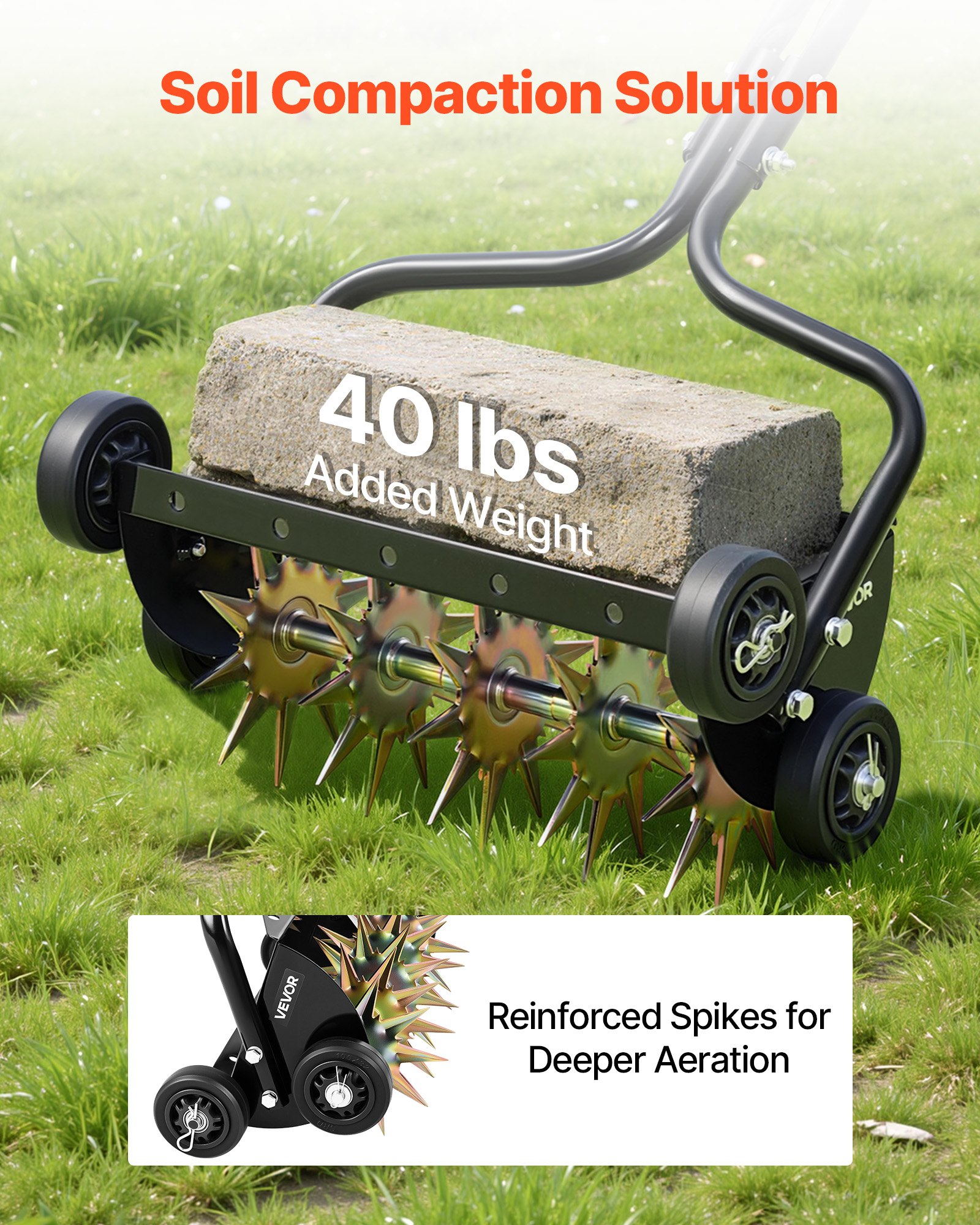 VEVOR Handmatige gazonbeluchterrol 45 cm, gazonbeluchter met een werkdiepte van 5 cm en 4 rollen, 18 kg zware stalen gazonbeluchter, gazonrol voor verdichte grond, gazononderhoud, tuin, zwart