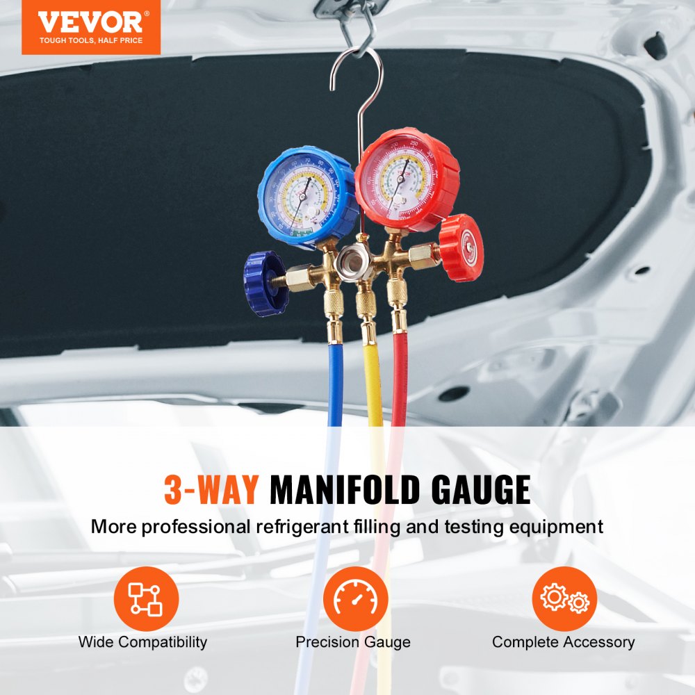 VEVOR 3-Way AC Diagnostic Manifold Gauge Set Fits for R134A, R22, R12, R502 Refrigerant, AC Gauge Set with 5 ft Hoses, Couplers, Can Tap for Car A/C System Automotive Air Conditioning Maintenance