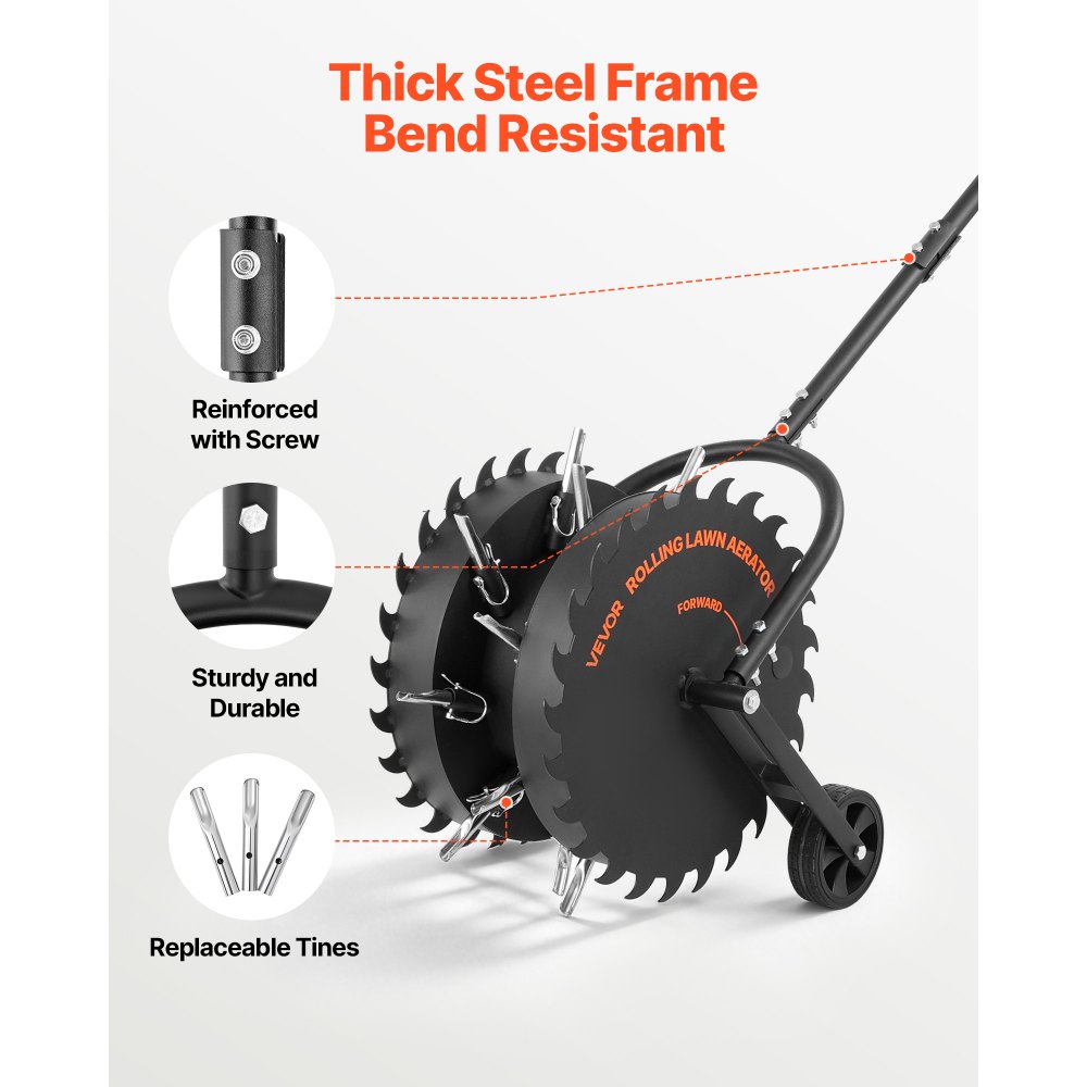 VEVOR Handmatige gazonbeluchter, gazonbeluchter met een werkdiepte van 5 cm, 2 rollen en 16 ijzeren pinnen, stalen gazonbeluchter, gazonroller voor verdichte grond, gazonverzorging voor tuin en erf, zwart