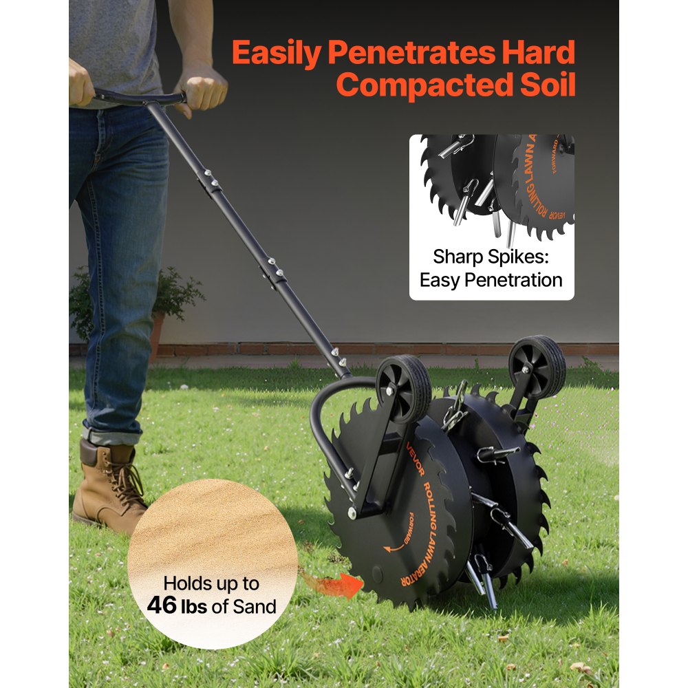 VEVOR Handmatige gazonbeluchter, gazonbeluchter met een werkdiepte van 5 cm, 2 rollen en 16 ijzeren pinnen, stalen gazonbeluchter, gazonroller voor verdichte grond, gazonverzorging voor tuin en erf, zwart