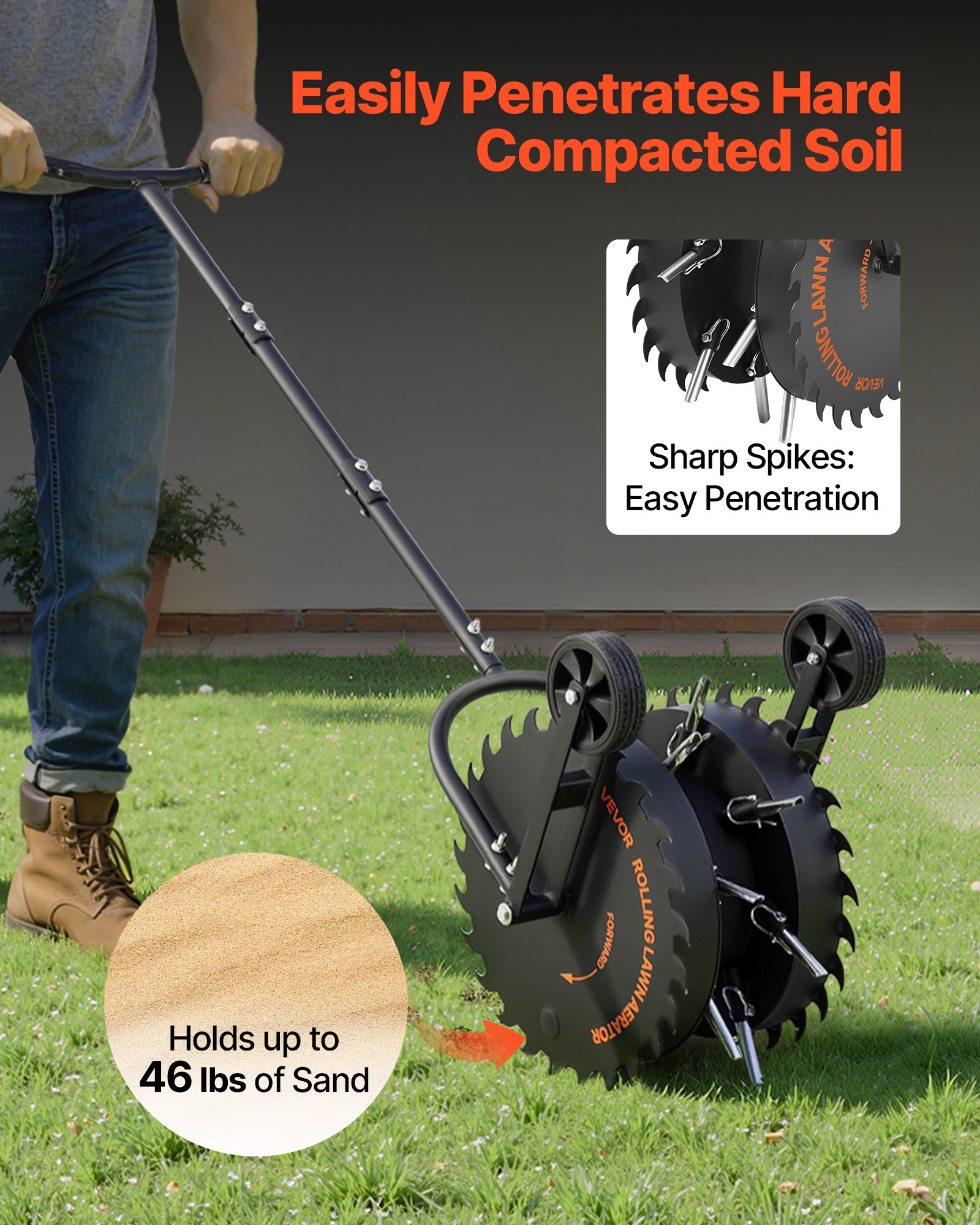 VEVOR Handmatige gazonbeluchter, gazonbeluchter met een werkdiepte van 5 cm, 2 rollen en 16 ijzeren pinnen, stalen gazonbeluchter, gazonroller voor verdichte grond, gazonverzorging voor tuin en erf, zwart