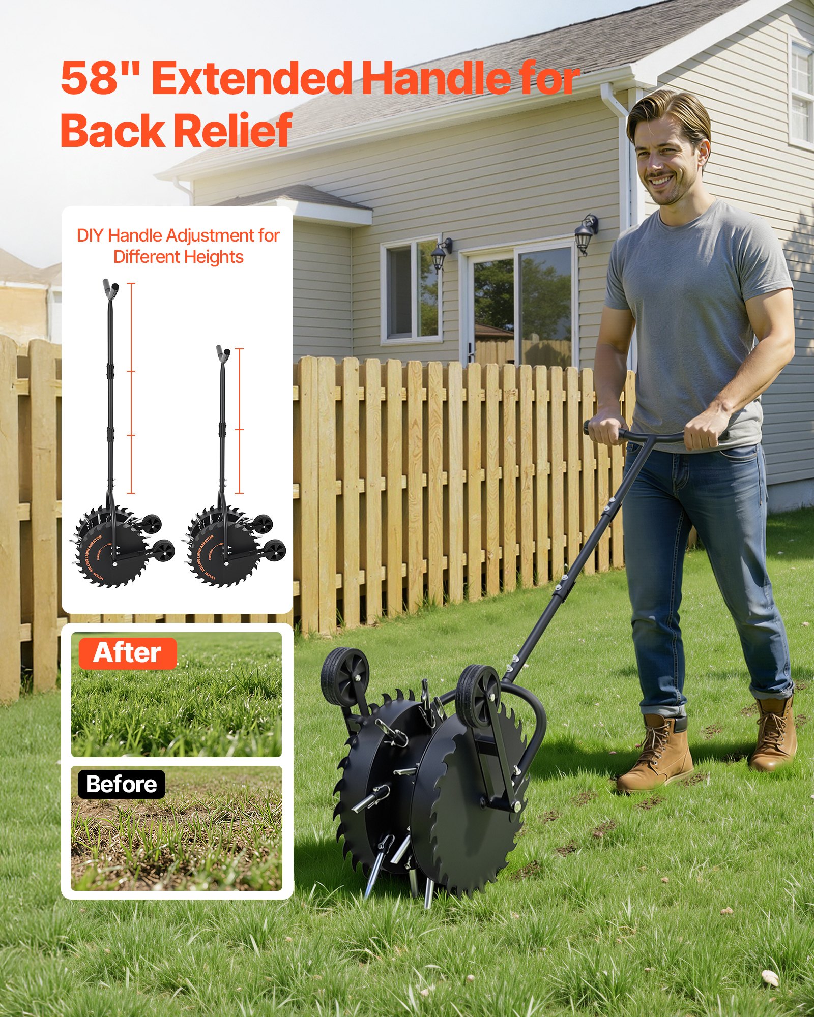 VEVOR Handmatige gazonbeluchter, gazonbeluchter met een werkdiepte van 5 cm, 2 rollen en 16 ijzeren pinnen, stalen gazonbeluchter, gazonroller voor verdichte grond, gazonverzorging voor tuin en erf, zwart