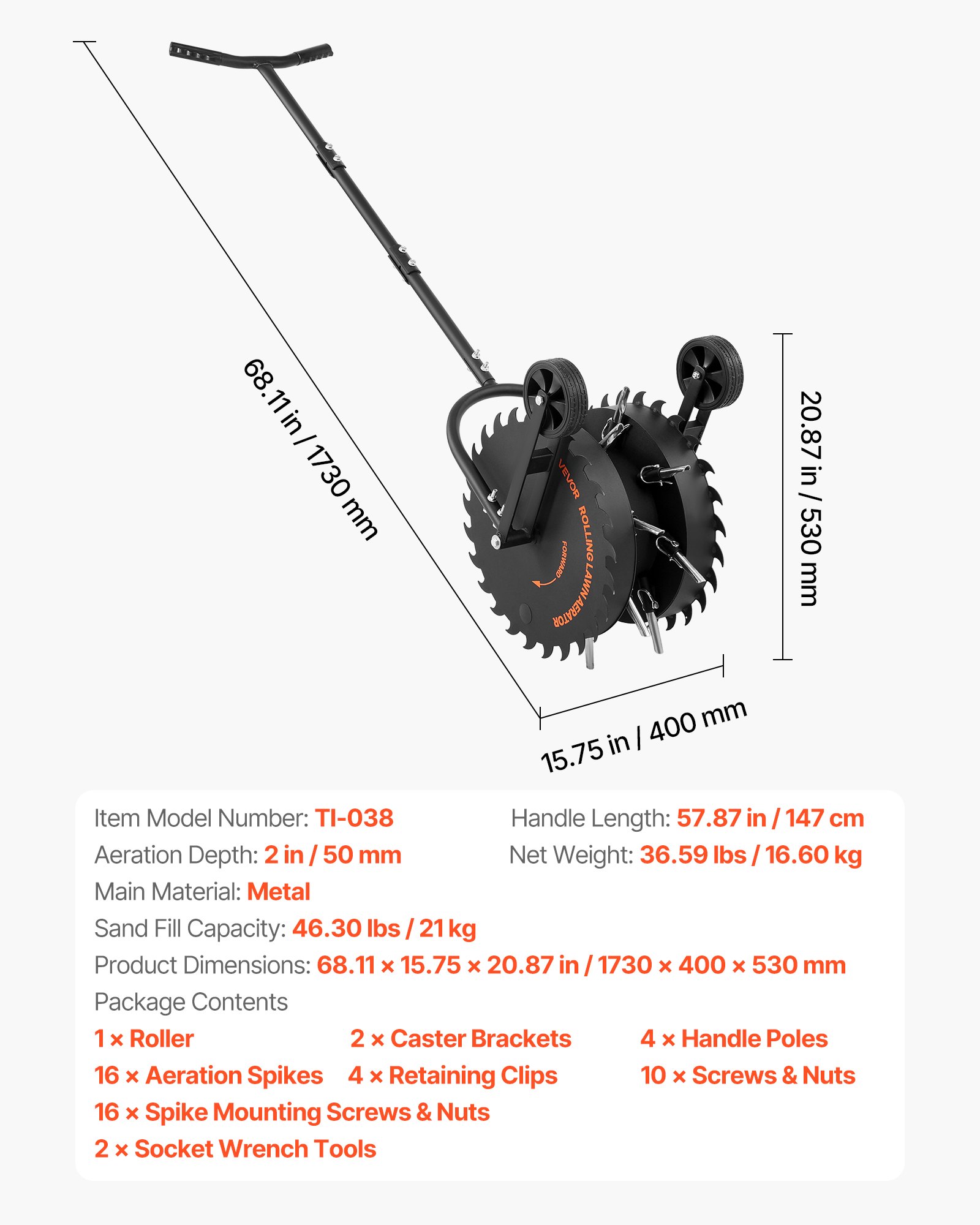 VEVOR Handmatige gazonbeluchter, gazonbeluchter met een werkdiepte van 5 cm, 2 rollen en 16 ijzeren pinnen, stalen gazonbeluchter, gazonroller voor verdichte grond, gazonverzorging voor tuin en erf, zwart