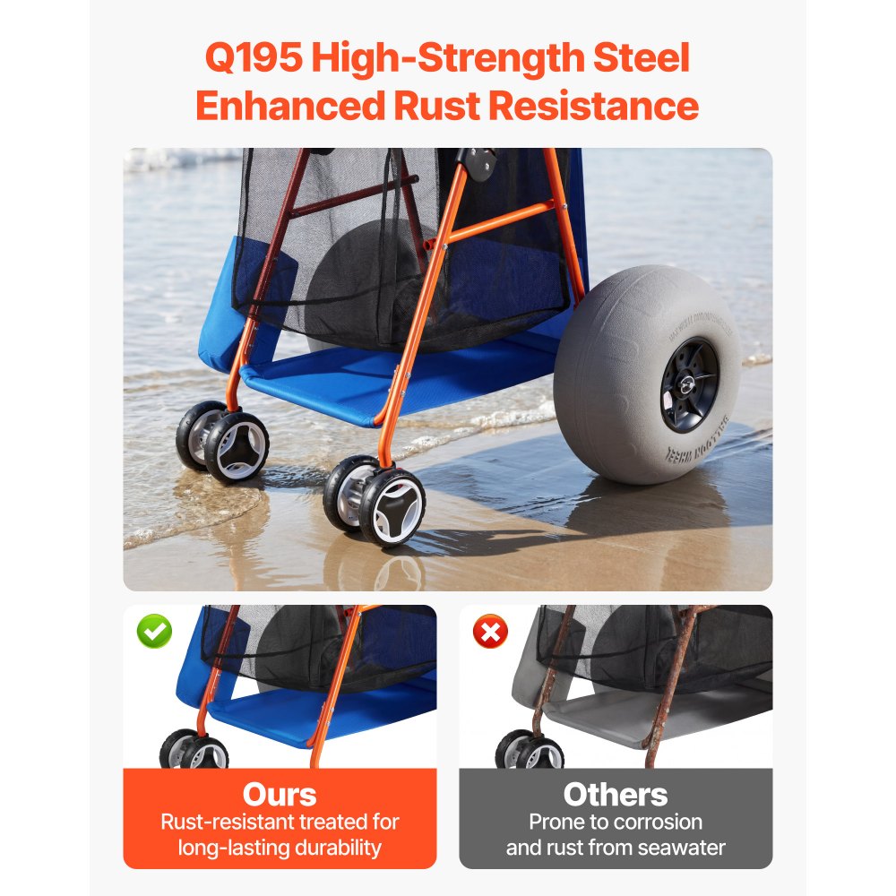 VEVOR strandkar met ballonbanden (30 cm), opvouwbare strandtrolley met geïsoleerde tas en parasolhouder, handkar (draagvermogen 75 kg) voor maximaal 4 strandstoelen, strandkar ideaal voor kamperen en vissen