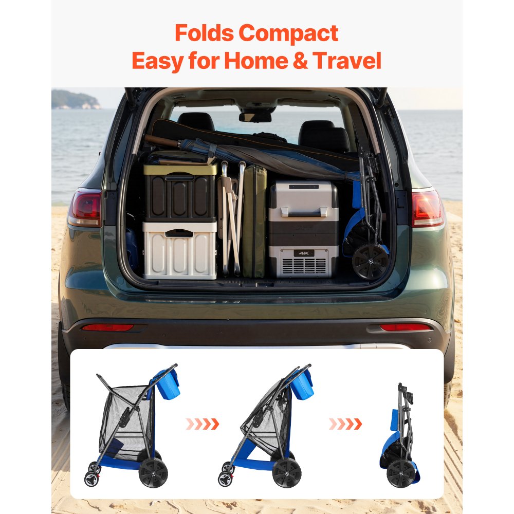 VEVOR strandkar met massieve rubberen wielen (25 cm), opvouwbare strandtrolley met geïsoleerde tas en parasolhouder, handkar (draagvermogen 75 kg) voor maximaal 4 strandstoelen, strandtrolley ideaal voor kamperen en vissen