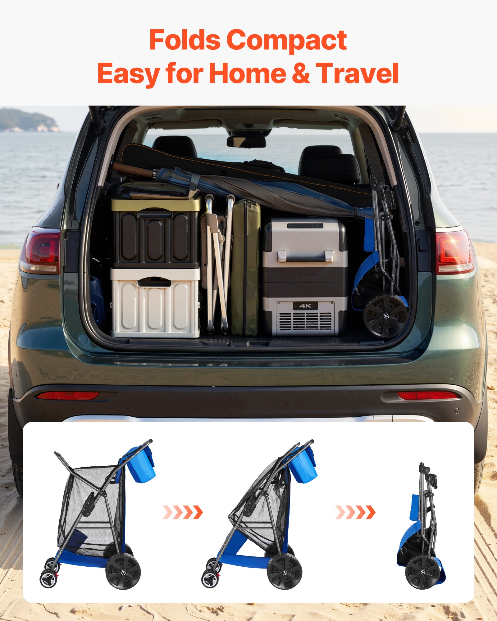 VEVOR strandkar met massieve rubberen wielen (25 cm), opvouwbare strandtrolley met geïsoleerde tas en parasolhouder, handkar (draagvermogen 75 kg) voor maximaal 4 strandstoelen, strandtrolley ideaal voor kamperen en vissen