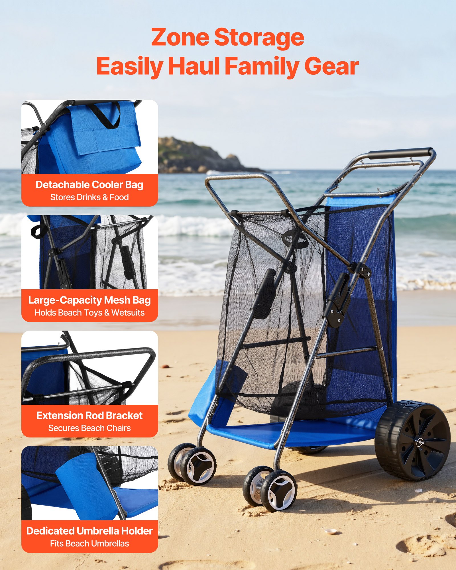 VEVOR strandkar met massieve rubberen wielen (25 cm), opvouwbare strandtrolley met geïsoleerde tas en parasolhouder, handkar (draagvermogen 75 kg) voor maximaal 4 strandstoelen, strandtrolley ideaal voor kamperen en vissen