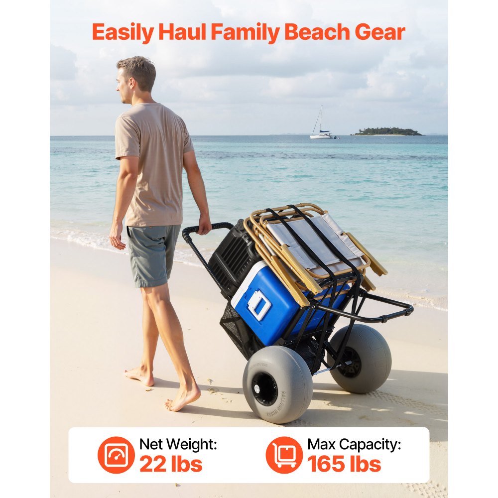 VEVOR Beach Dolly with Big Wheels for Sand, 18" x 15" Cargo Deck, Folding Sand Cart with 12" Balloon Wheels, 165 lbs Loading Capacity & 34" to 45" Adjustable Height, Heavy Duty Cart for Beach Camping