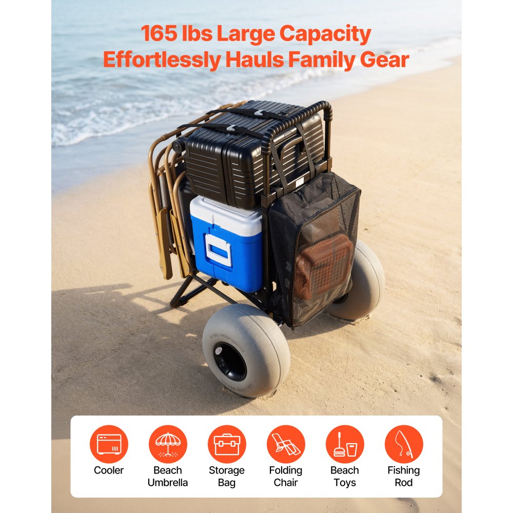 VEVOR Beach Dolly with Big Wheels for Sand, 18" x 15" Cargo Deck, Folding Sand Cart with 12" Balloon Wheels, 165 lbs Loading Capacity & 34" to 45" Adjustable Height, Heavy Duty Cart for Beach Camping