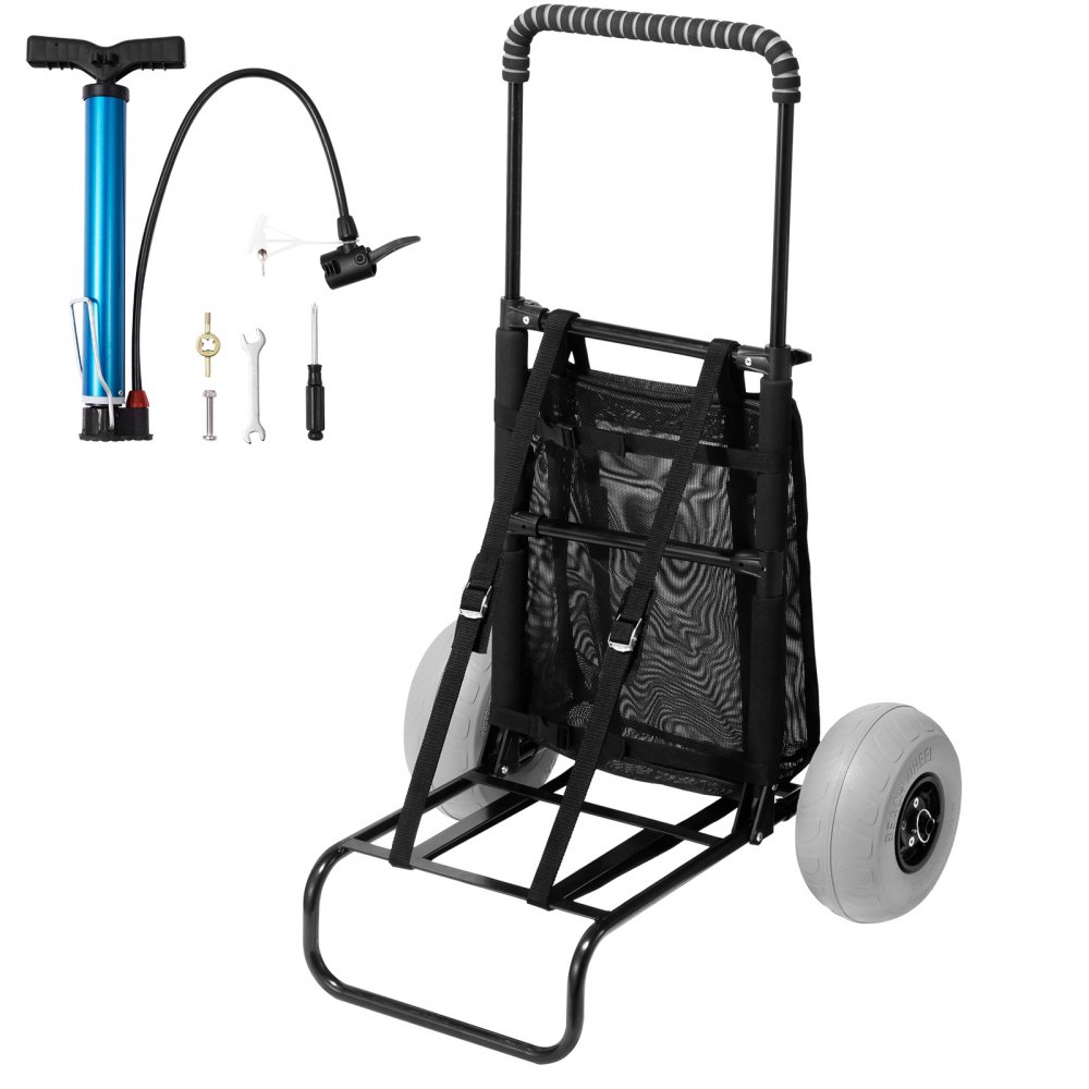 VEVOR beach dolly with large wheels, foldable frame, blue air pump, and tools for assembly.