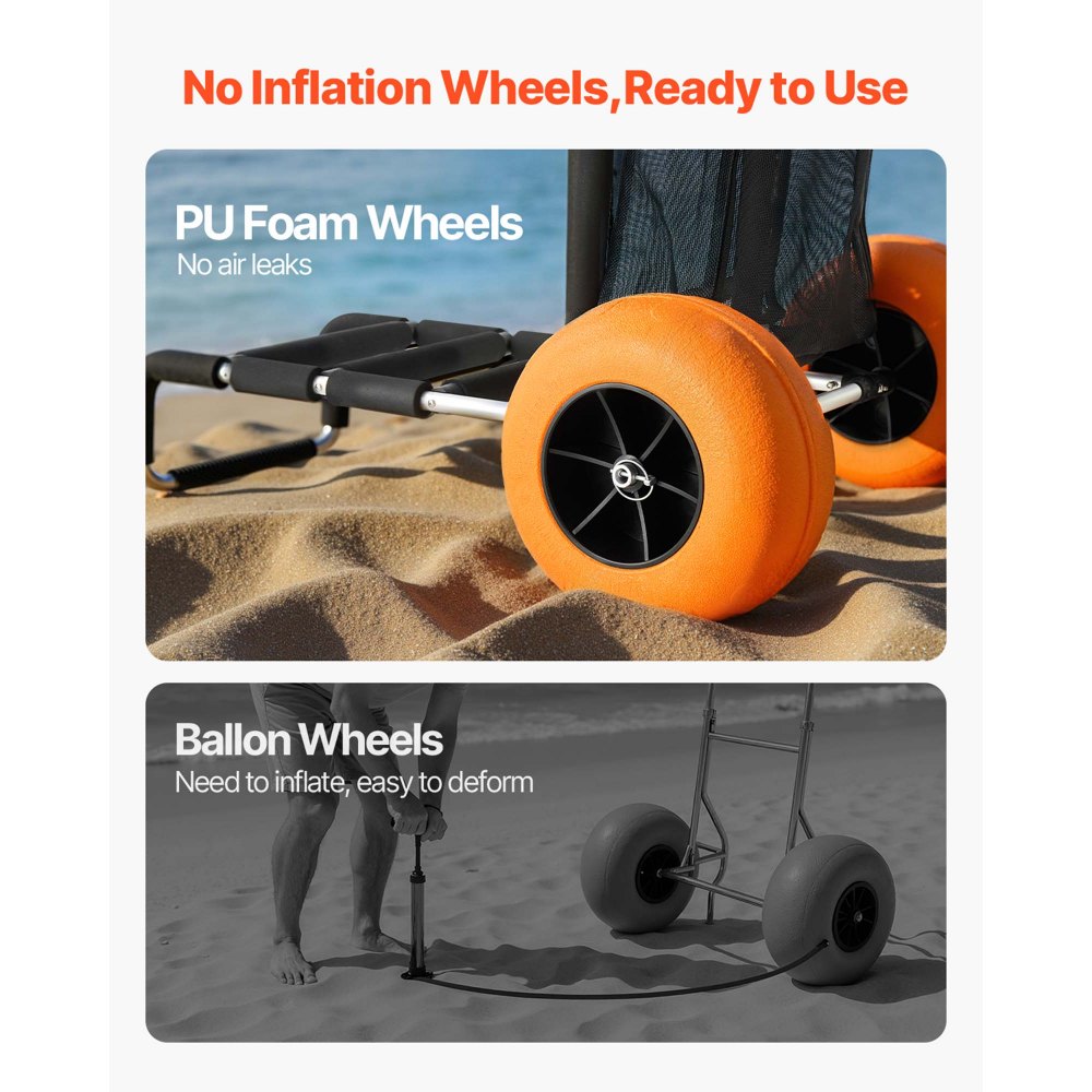 VEVOR Beach Dolly with Big Wheels for Sand, 29.9" x 15.4" Cargo Deck, w/ 12" Solid Wheels, 165LBS Loading Capacity Folding Sand Cart & 27" to 44.7" Adjustable Height, Heavy Duty Cart for Beach