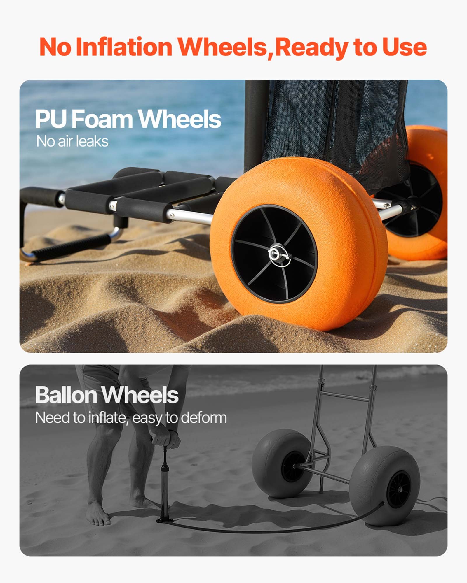 VEVOR Beach Dolly with Big Wheels for Sand, 29.9" x 15.4" Cargo Deck, w/ 12" Solid Wheels, 165LBS Loading Capacity Folding Sand Cart & 27" to 44.7" Adjustable Height, Heavy Duty Cart for Beach