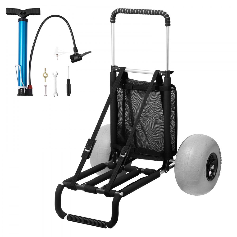 VEVOR beach dolly with inflatable tires and included pump and tools for easy beach transportation.