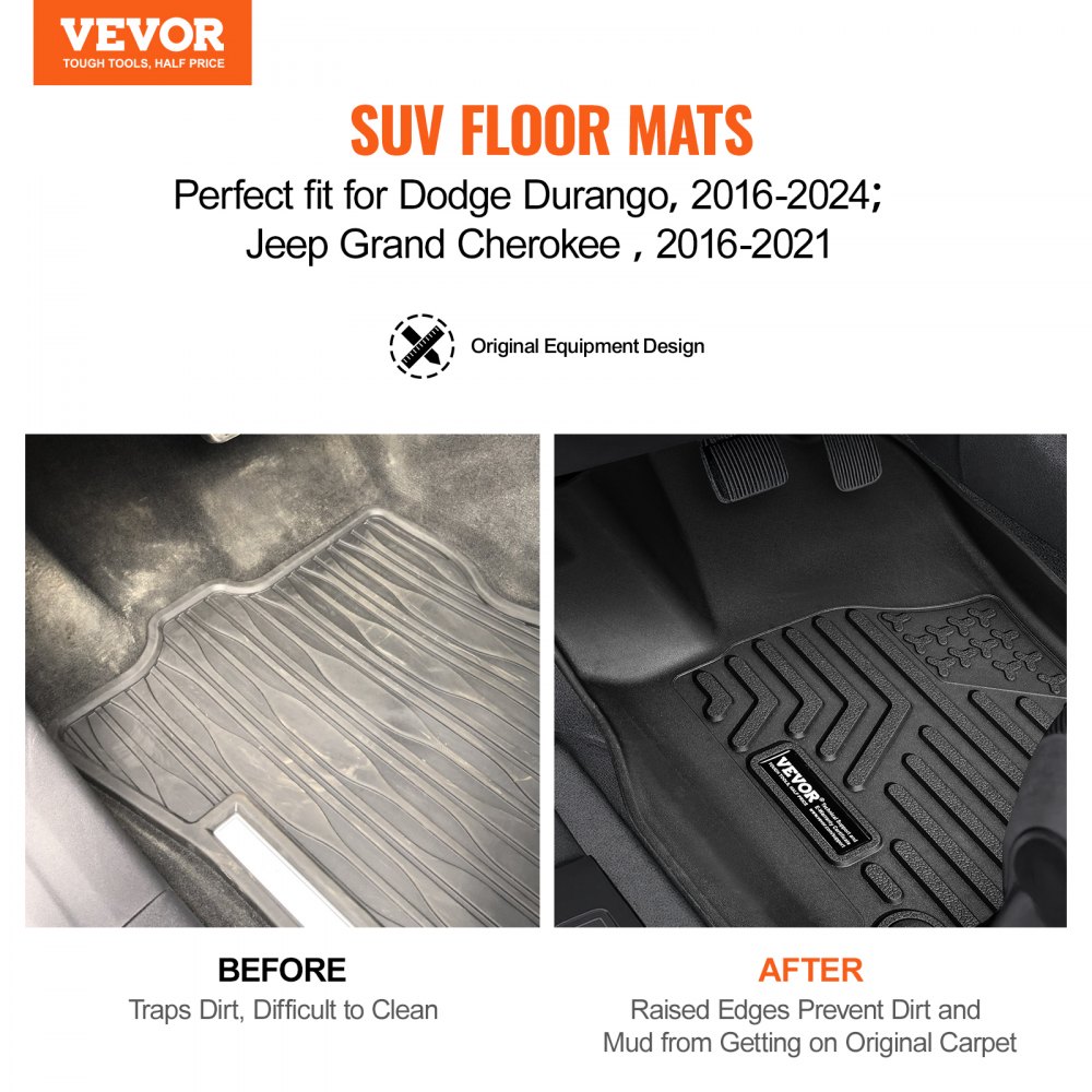 VEVOR Automotive Floor Mats, Fits for Dodge Durango / Jeep Grand Cherokee 2016-2024 / 2016-2021, 3 pcs Front and 2nd Row Liners, All Weather Custom Fit TPE Vehicle Floor Mats, Easy to Clean, Black