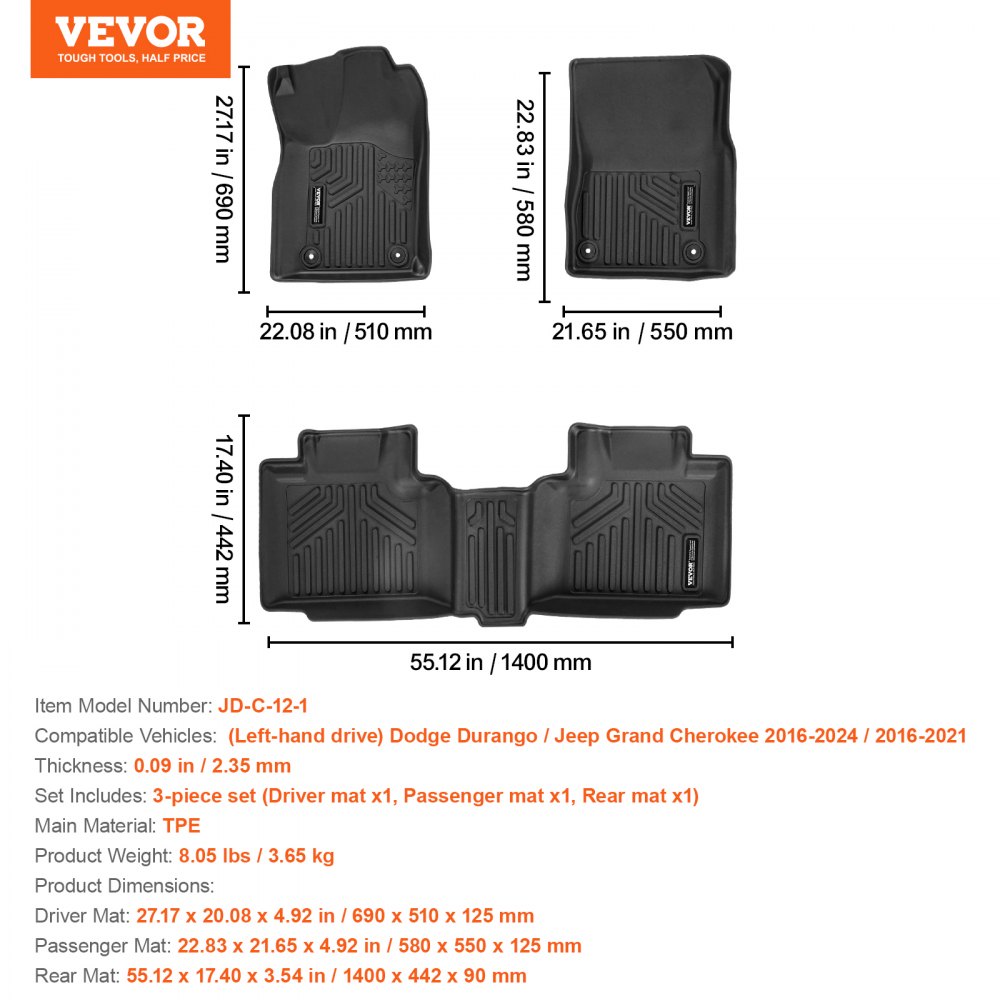 VEVOR Automotive Floor Mats, Fits for Dodge Durango / Jeep Grand Cherokee 2016-2024 / 2016-2021, 3 pcs Front and 2nd Row Liners, All Weather Custom Fit TPE Vehicle Floor Mats, Easy to Clean, Black