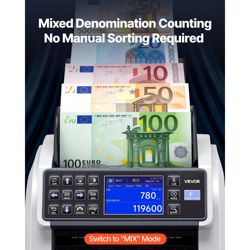 VEVOR geldtelmachine, bankbiljettenteller met UV/MG/IR/DD/DBL/HLF/CHN-detectie van vals geld, LED-display, waardeteller, ondersteunt meerdere valuta en gemengde bankbiljetten, max. 1500 bankbiljetten/min.