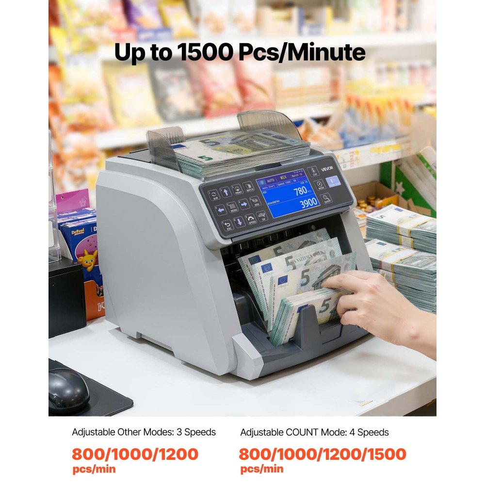 VEVOR geldtelmachine, bankbiljettenteller met UV/MG/IR/DD/DBL/HLF/CHN-detectie van vals geld, LED-display, waardeteller, ondersteunt meerdere valuta en gemengde bankbiljetten, max. 1500 bankbiljetten/min.