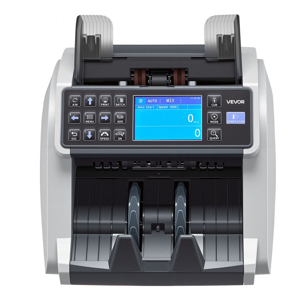 VEVOR geldtelmachine, bankbiljettenteller met UV/MG/IR/DD/DBL/HLF/CHN-detectie van vals geld, LED-display, waardeteller, ondersteunt meerdere valuta en gemengde bankbiljetten, max. 1500 bankbiljetten/min.