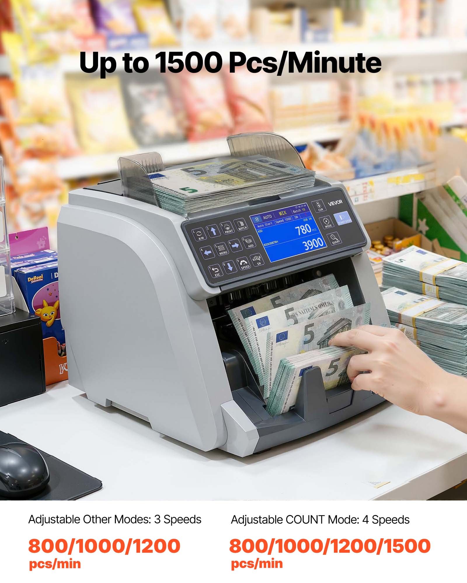 VEVOR geldtelmachine, bankbiljettenteller met UV/MG/IR/DD/DBL/HLF/CHN-detectie van vals geld, LED-display, waardeteller, ondersteunt meerdere valuta en gemengde bankbiljetten, max. 1500 bankbiljetten/min.