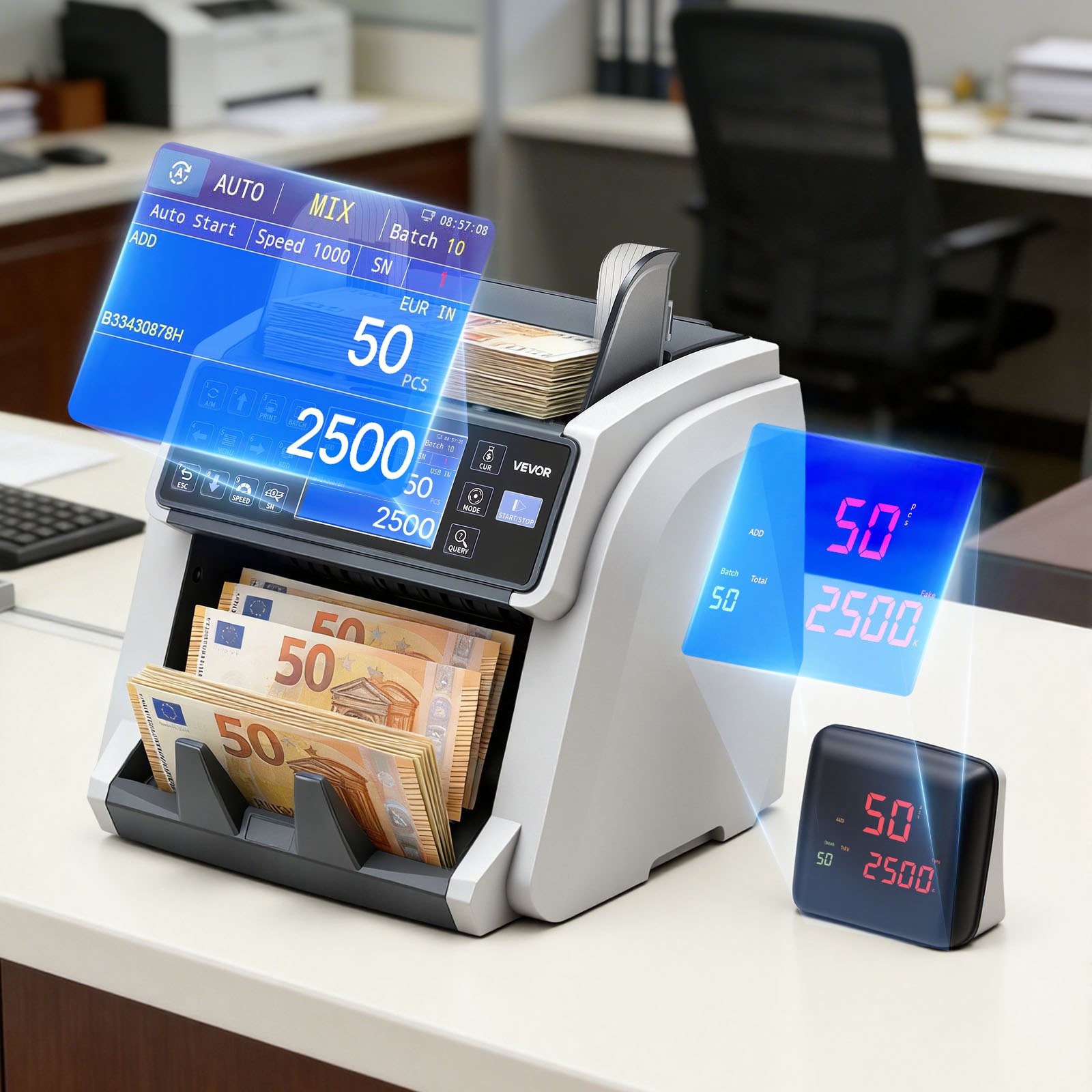 VEVOR geldtelmachine, bankbiljettenteller met UV/MG/IR/DD/DBL/HLF/CHN-detectie van vals geld, LED-display, waardeteller, ondersteunt meerdere valuta en gemengde bankbiljetten, max. 1500 bankbiljetten/min.