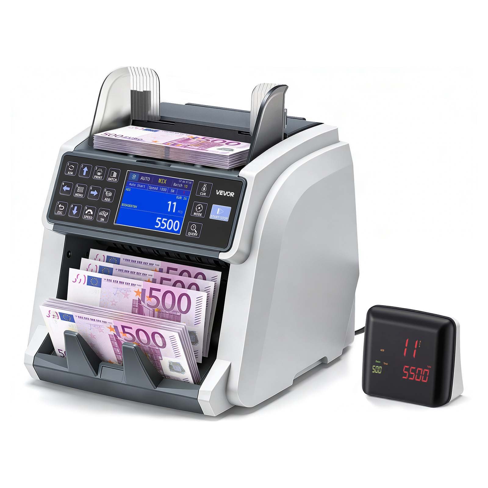 VEVOR geldtelmachine, bankbiljettenteller met UV/MG/IR/DD/DBL/HLF/CHN-detectie van vals geld, LED-display, waardeteller, ondersteunt meerdere valuta en gemengde bankbiljetten, max. 1500 bankbiljetten/min.