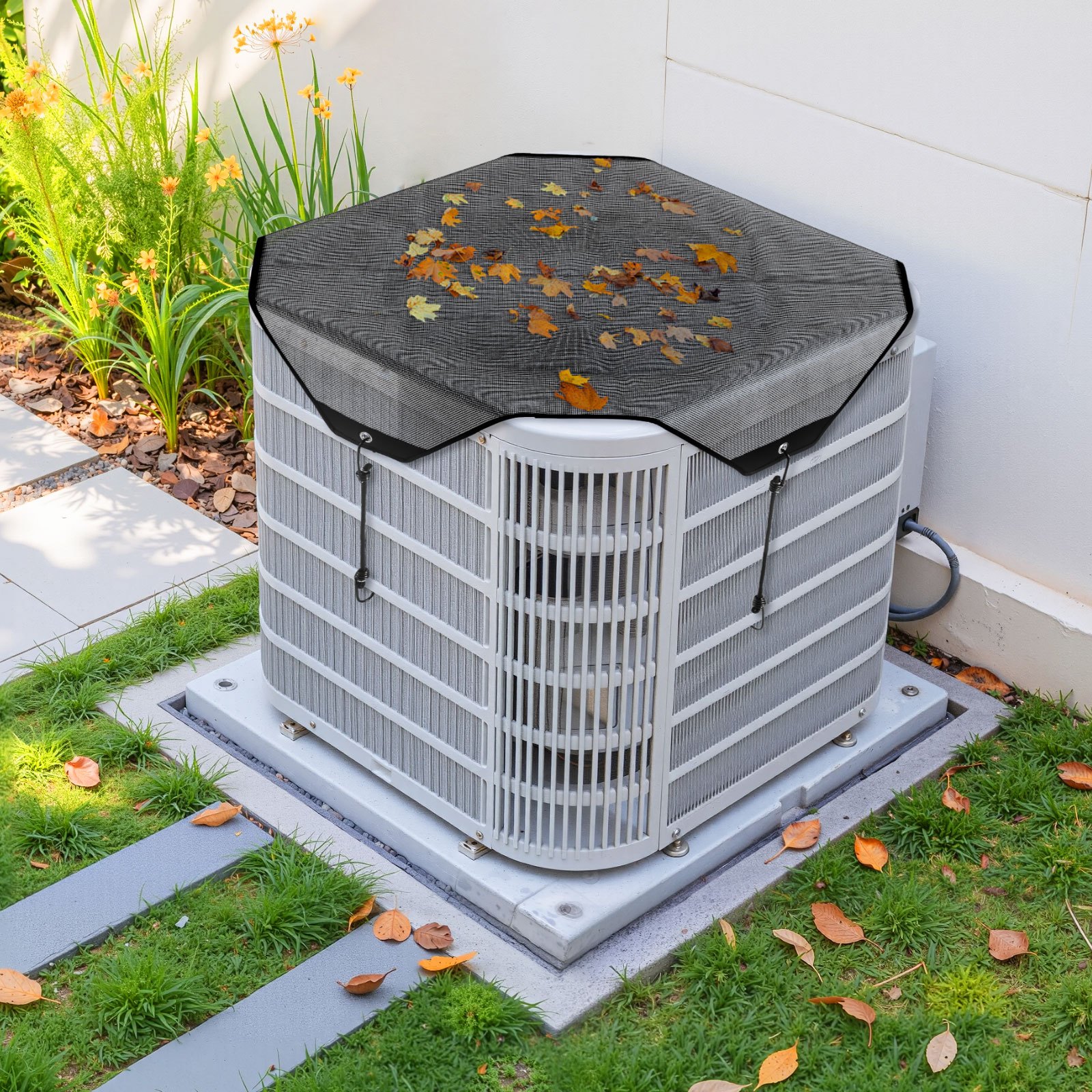 VEVOR Buitenaircohoes, 910 x 910 mm, Beschermhoes voor airconditioner, PVC-gaashoes met elastische haken, scheurvast, voor buitengebruik, alle seizoenen, zwart