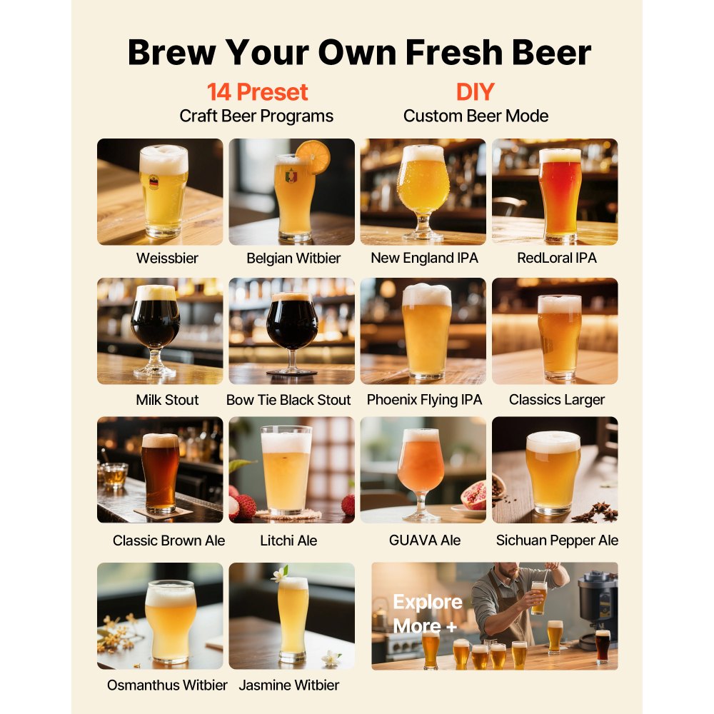 VEVOR Automatic Home Beer Brewer, 13L All-in-One Home Brew Machine, 1500W Power Electric Beer Brewing Machine with Mash Boil Device, 304 Stainless Steel Inner Tank, Auto Temp & Pressure Control