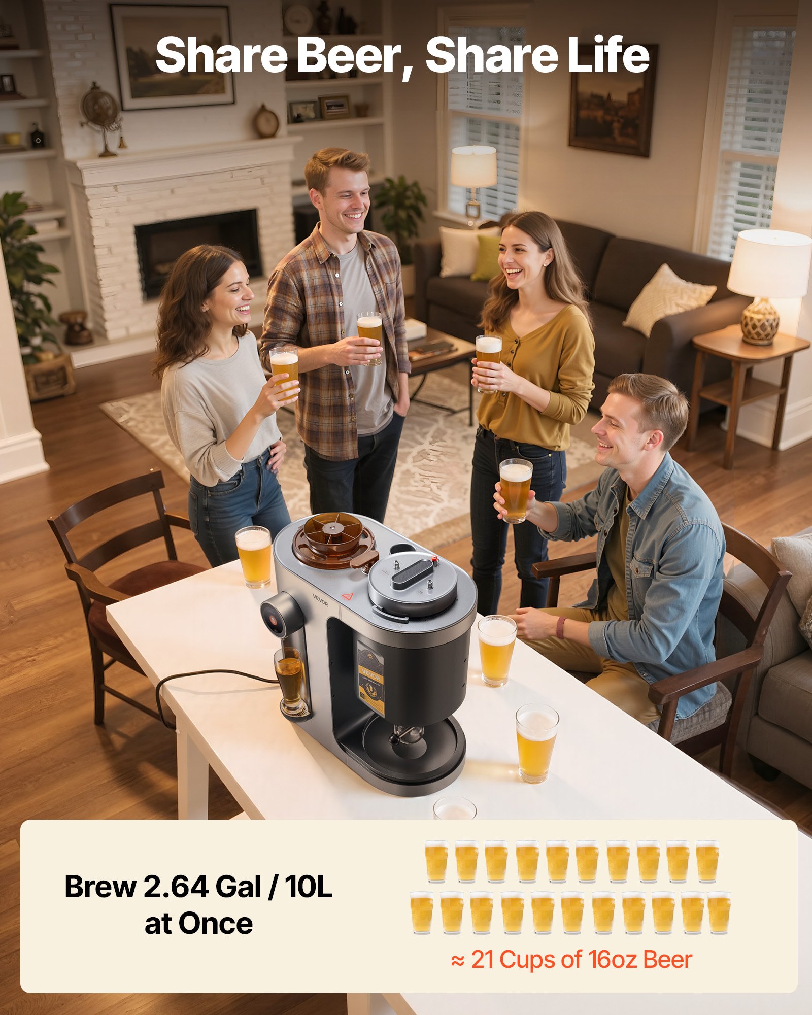 VEVOR Automatic Home Beer Brewer, 13L All-in-One Home Brew Machine, 1500W Power Electric Beer Brewing Machine with Mash Boil Device, 304 Stainless Steel Inner Tank, Auto Temp & Pressure Control