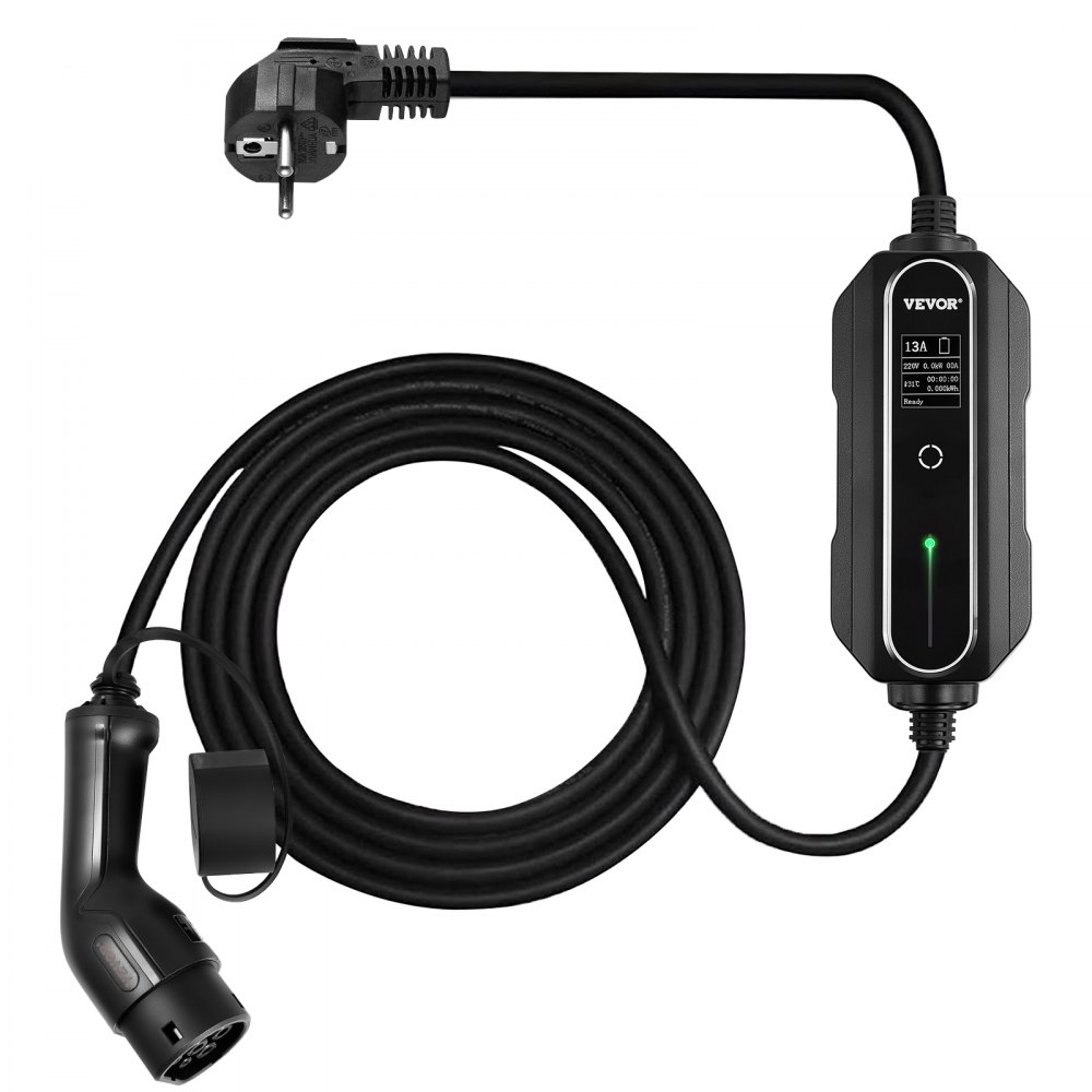 VEVOR EV-oplader, Typ 2 13A EV Oplaadkabel voor EU-norm, 10M Oplaadkabel EV Laadstation met Schuko 3-pins Stekker, 3KW 250V Draagbaar Elektrische Autolader, IP54-connector met Digitaal LCD-scherm CE