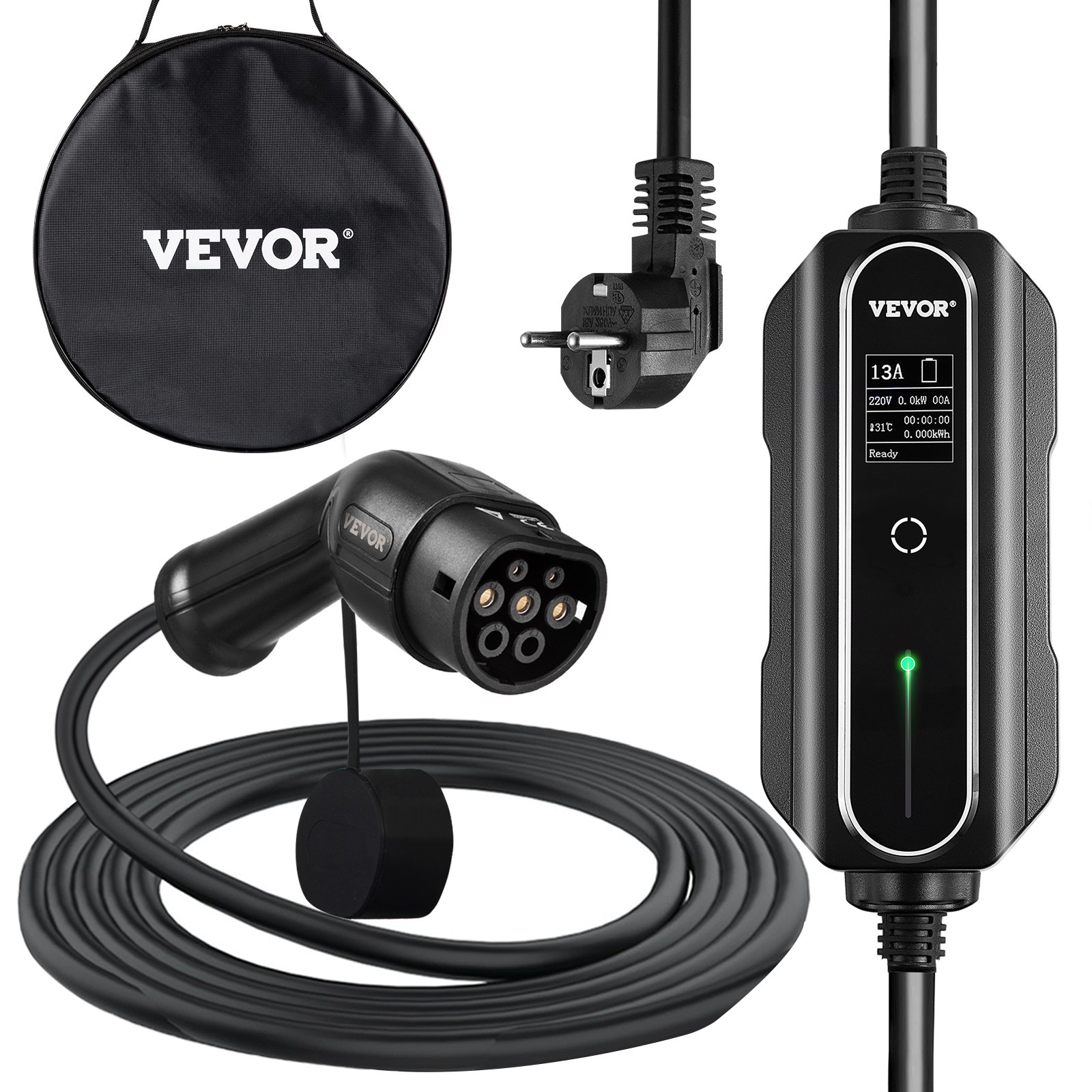 VEVOR EV-oplader, Typ 2 13A EV Oplaadkabel voor EU-norm, 10M Oplaadkabel EV Laadstation met Schuko 3-pins Stekker, 3KW 250V Draagbaar Elektrische Autolader, IP54-connector met Digitaal LCD-scherm CE