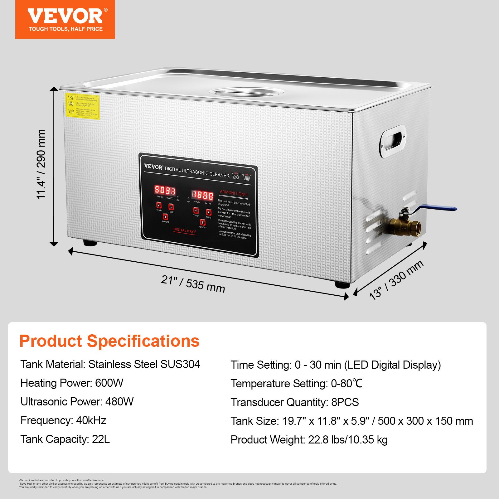 VEVOR Ultrasoon reiniger Ultrasoon reinigingsapparaat voor roestvrij staal 480 W, 22 L Ultrasoon reinigingsapparaat met digitaal display 0-30 min, ultrasoon reinigen van sieraden, brillen, horloges etc.