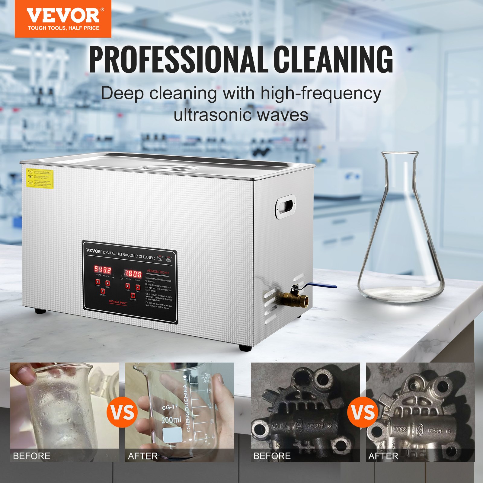 VEVOR ultrasone reiniger, ultrasoon reinigingsapparaat van roestvrij staal, 600 W, 30 liter, ultrasoon reinigingsapparaat met digitaal display, 0-30 min, ultrasoon reinigen van sieraden, brillen, horloges, enz.