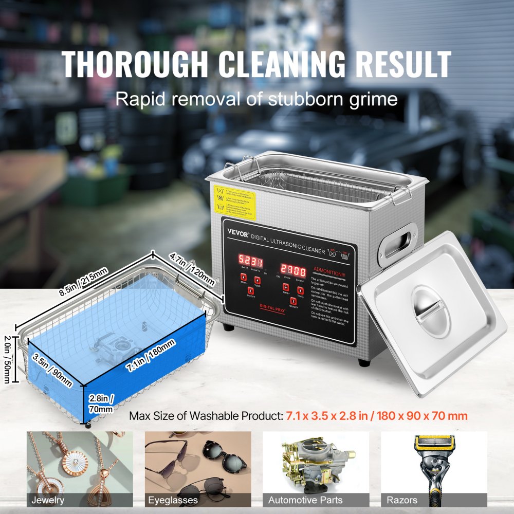 VEVOR ultrasone reiniger, ultrasoon reinigingsapparaat van roestvrij staal, 150 W, 3 liter ultrasoon reinigingsapparaat met digitaal display, 0-30 min, ultrasoon reinigen voor sieraden, brillen, horloges, enz.